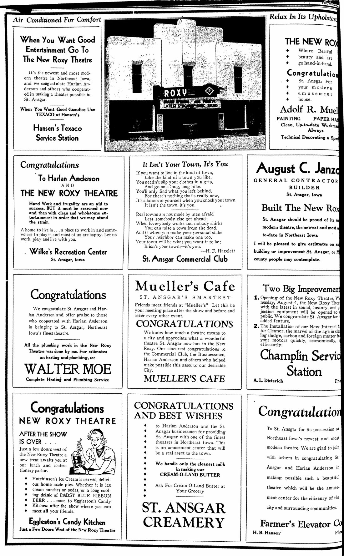 Full newspaper page of local business ads congratulating Harlan Anderson and the new Roxy Theatre