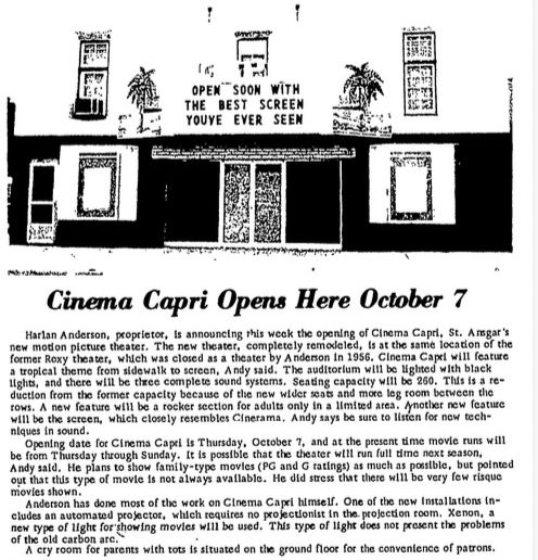 Newspaper article: Cinema Capri Opens Here October 7, with photo of the remodeled theatre front