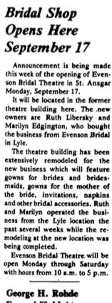 Newspaper article: Bridal Shop Opens Here September 17