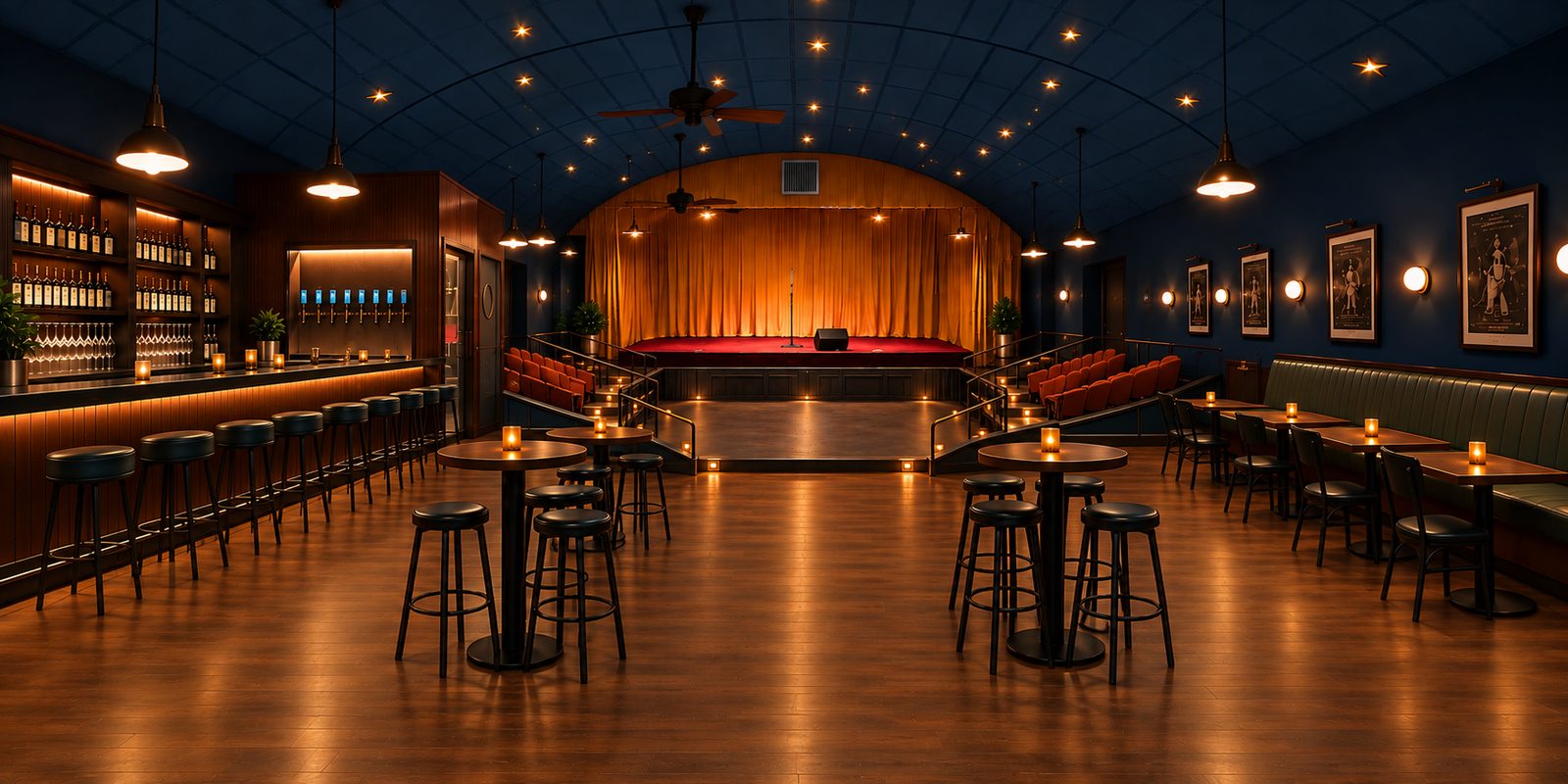 Concept rendering of the renovated Roxy: a starlit arched ceiling over a wood dance floor, a stage with gold curtains, a long bar on the left, and booths on the right